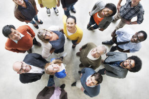 Aerial view of diverse people together