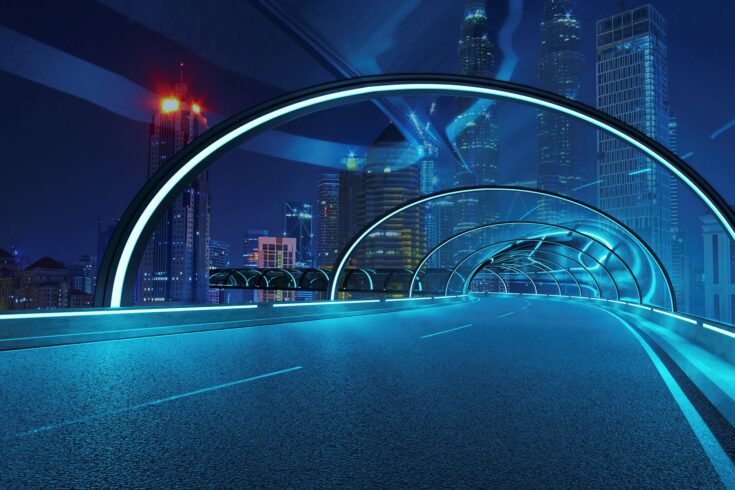 Futuristic neon light and glass facade design of tunnel flyover road