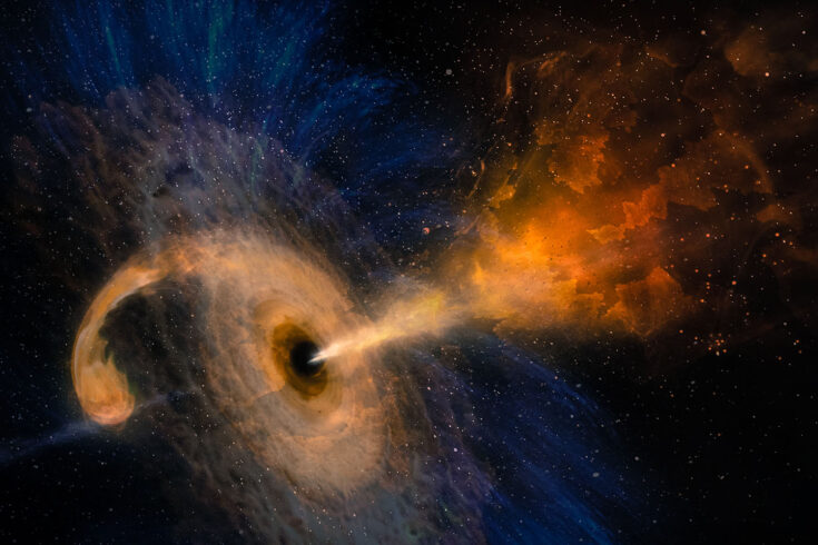 Black hole with nebula over colorful stars and cloud fields in outer space.