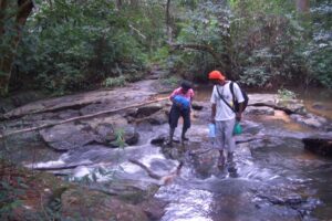 Fieldworkers from the Ebola Gbalo project crossing a river to reach a health facility to conduct interviews