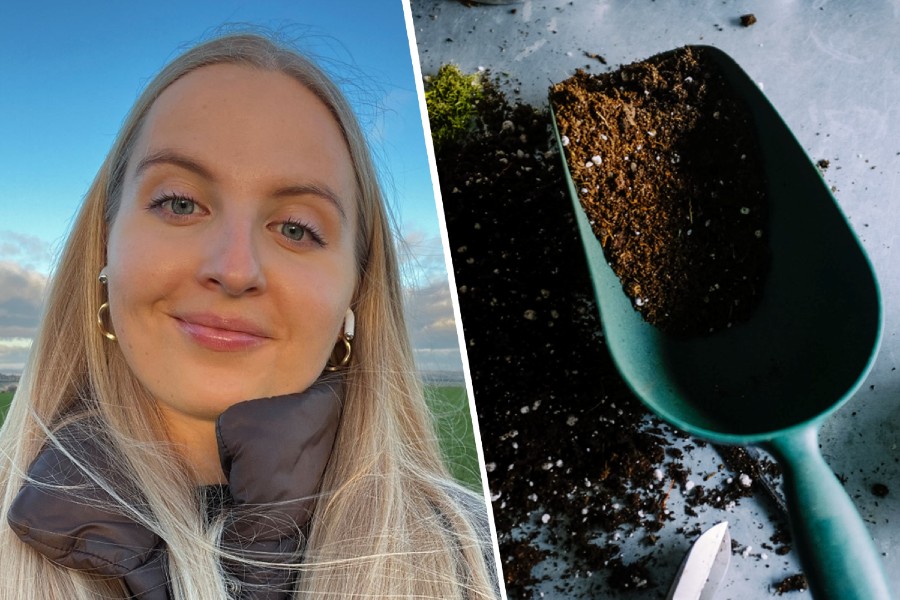 Split image, left handside Lotti Hawkins, right hand side soil in small trowel