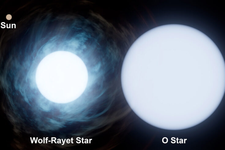 Diagram illustrating the comparative size of the Sun, the Wolf-Rayet Star and the O Star. 