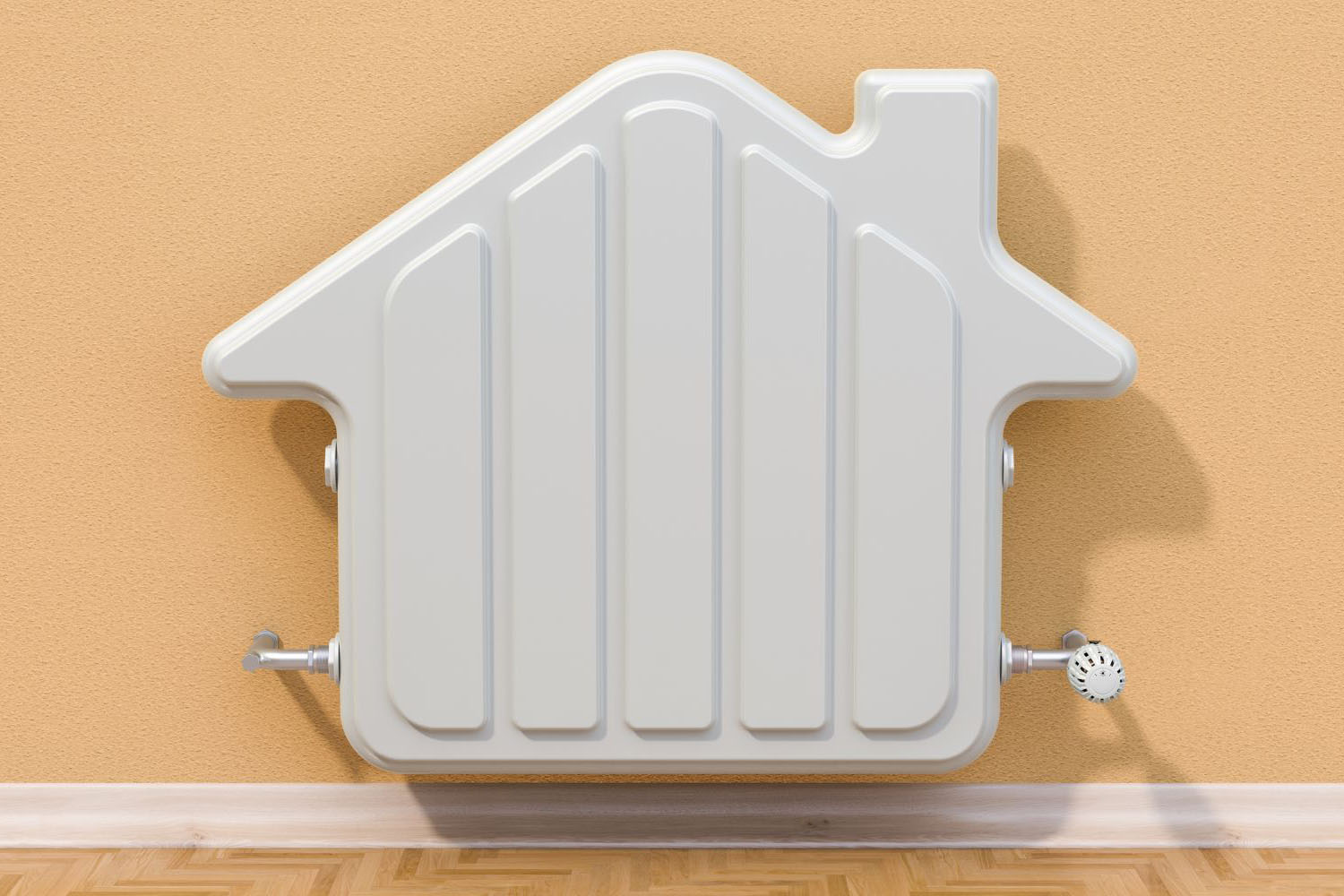 Heating radiator on the wall in the shape of a house, 3D rendering.