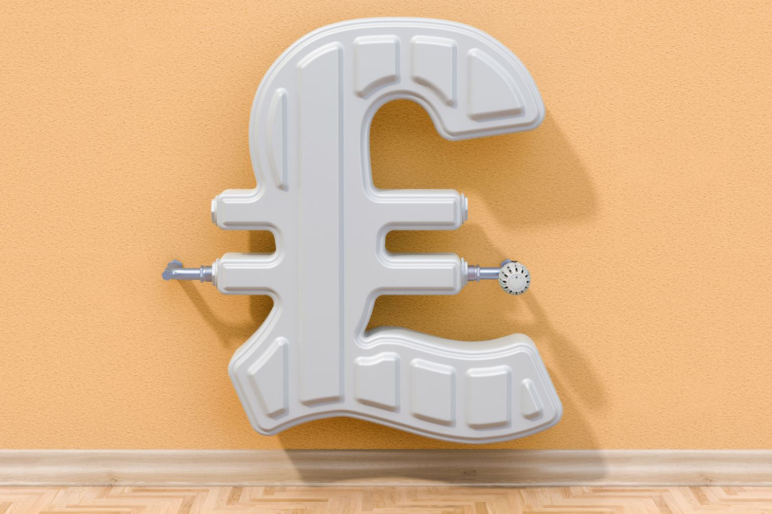 Energy saving concept. Heating radiator in the shape of a pound sign. 3D rendering.