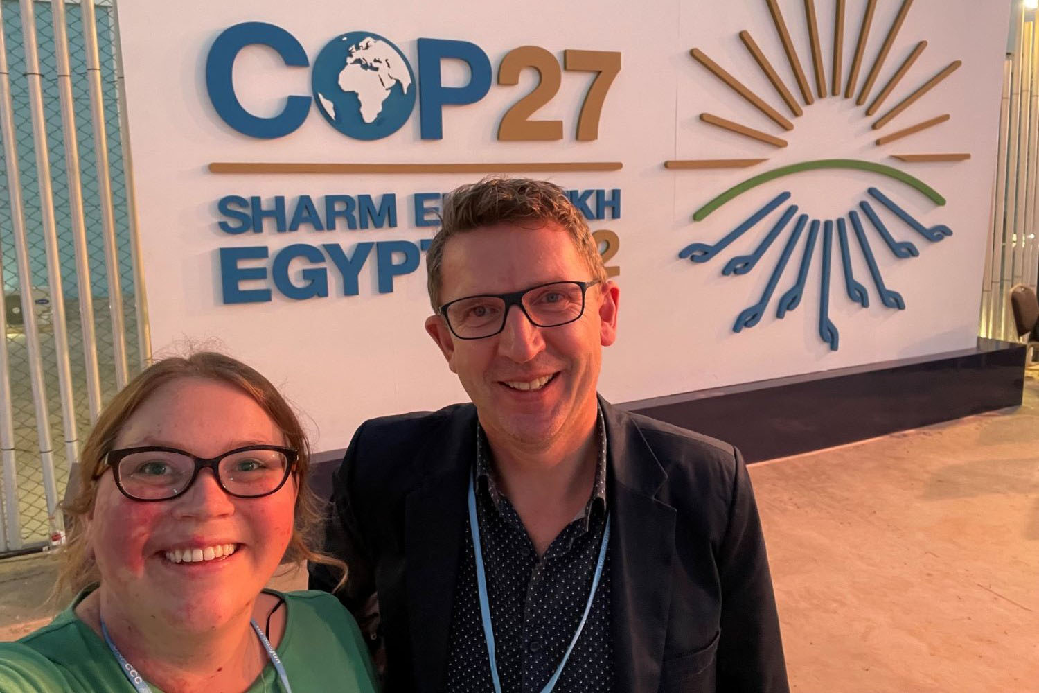 Alice Goodbrook and Ian Meikle outside COP27