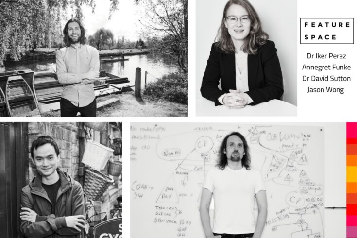 A collage of four black and white images. The first is a man with shoulder length hair stood by the side of a river. The second is a woman dressed smartly with glasses and shoulder length hair sat at a desk. The third is a man in a jacket leaning against a wall. And the last is a man with shoulder length hair in a white t-shirt stood against a whiteboard with writing on.