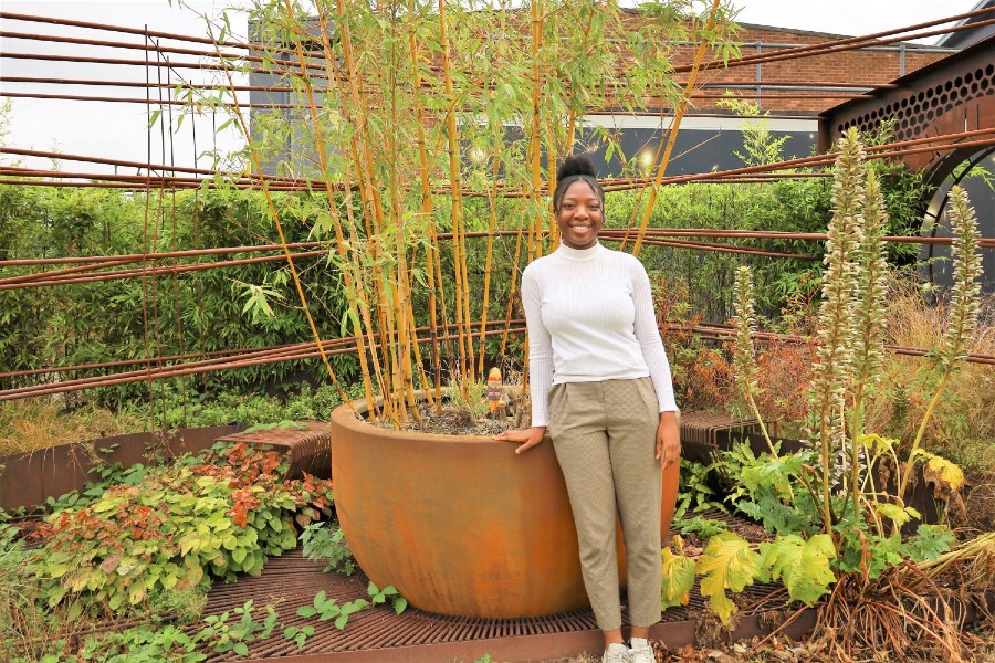 Student Abisola Adesalu pictured in the Dark Matter garden at STFC Daresbury Laboratory.