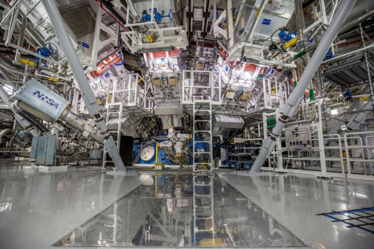 The target chamber of Lawrence Livermore National Laboratory’s NIF, where 192 laser beams delivered more than 2 million joules of ultraviolet energy to a tiny fuel pellet to create fusion ignition on 5 December 2022.