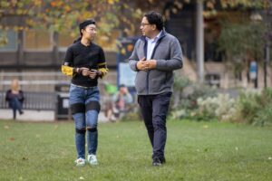 Woman walking and wearing artificial intelligence motion capture technology.