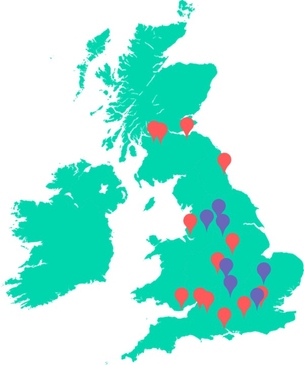 Map of the 2022 to 2023 EPSRC Executive Chair university visits, in-person visits shown in red, virtual visits in blue