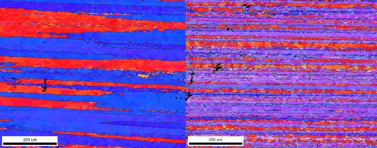 Two graphical representations of crystallographic orientation in red and blue colours. The left hand image is striped in larger sections of individual colour and the right hand side is thinner lines which are more mixed together