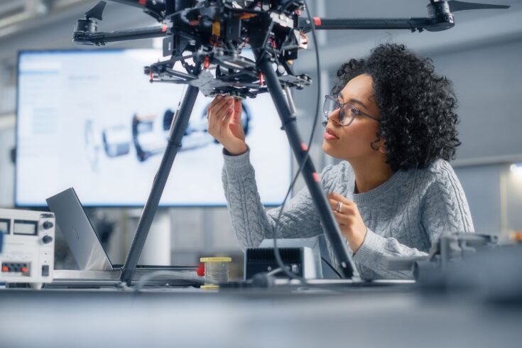 Female technician working on a drone in a laboratory.