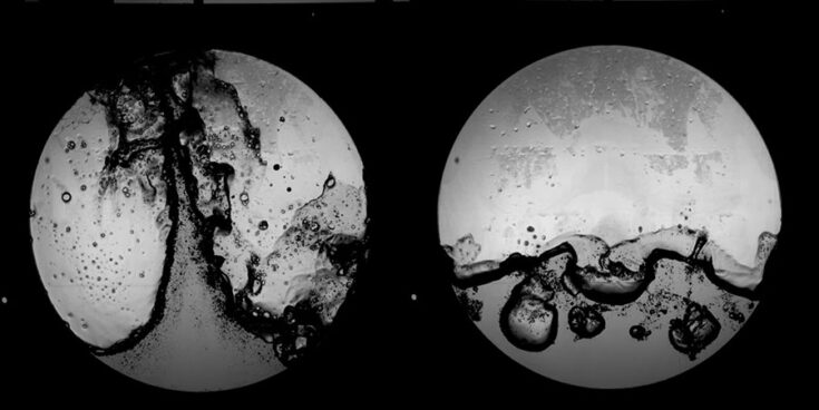 Left image displays wave breaking, right image displays air being entrained within the water, this can occur at high tank accelerations.