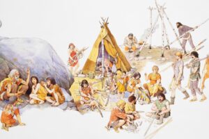 Illustration depicting Stone Age hunters returning to their families.