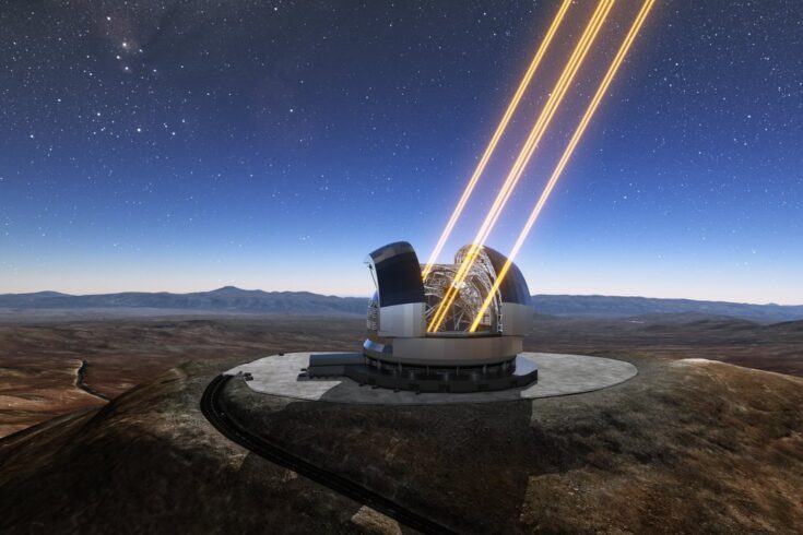 艺术家的渲染显示了智利北部塞罗·阿玛佐斯运行中的超大望远镜。该望远镜显示使用激光在大气层中制造人造恒星。