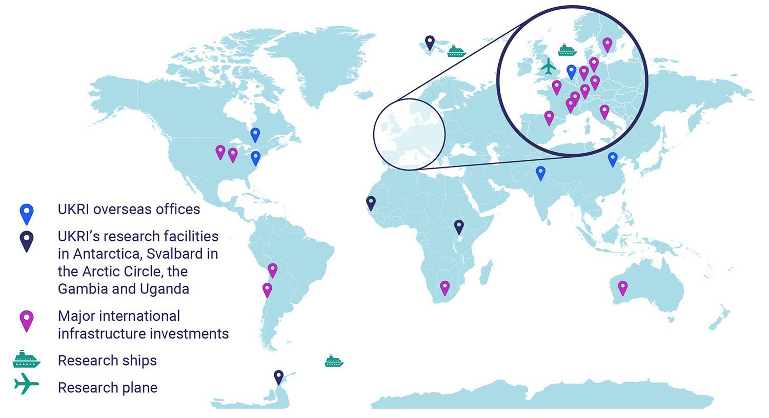 A global map showing UKRI's overseas facilities and research vessels.