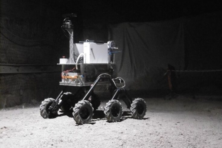 A prototype Mars rover with instrumentation payload at Boulby Underground laboratory.