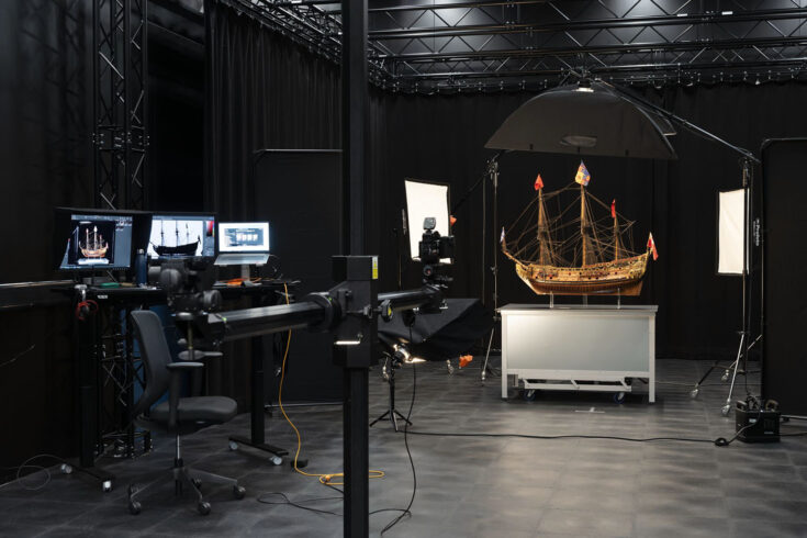 A suite of battery-operated flash units to capture complex images of the Science Museum Group’s collections. Whole model, scale 1:48, of ship of the line, H.M.S. 'Prince’ (1670) 1443mm x 1485mm x 673mm.