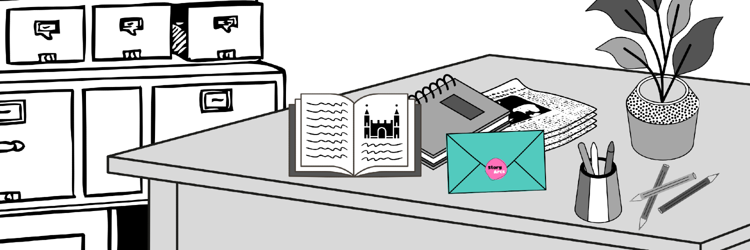 Black and white illustration of books, notepads and newspapers on a desk with an envelope stamped with 'StoryArcs'. The envelope is in colour.