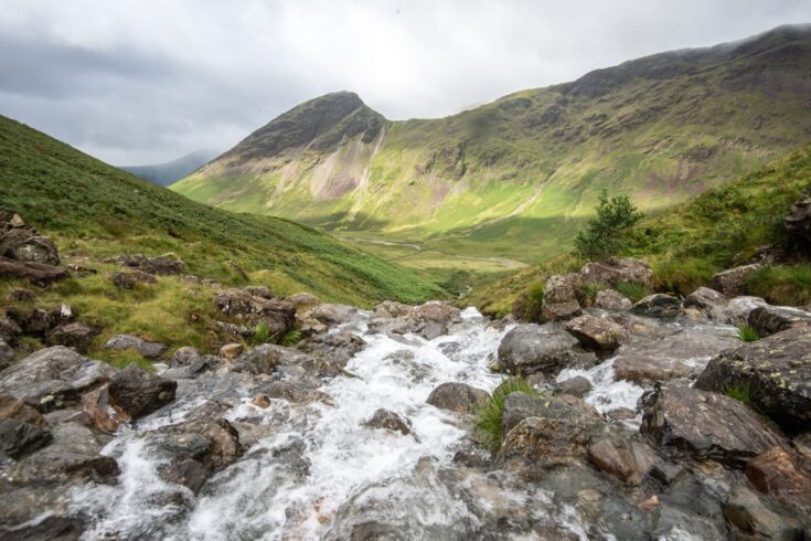 Mountains and a stream in the Lake District.