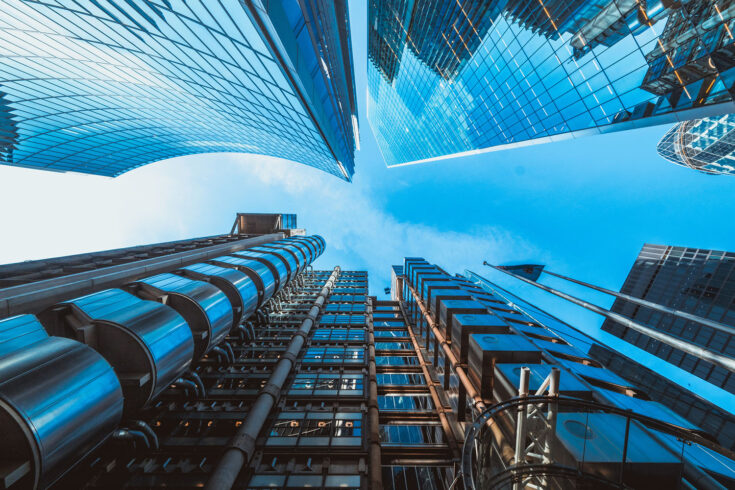 Diminishing perspective of downtown London skyscrapers.