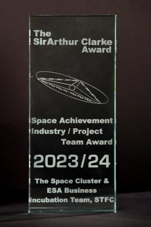 The Sir Arthur Clarke Award trophy for Space Achievement Industry/Project Team Award 2023 to 2024, awarded to The Space Cluster and ESA Business Incubation Team, STFC.