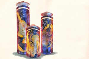 Artist’s illustration of specimens in jars. 