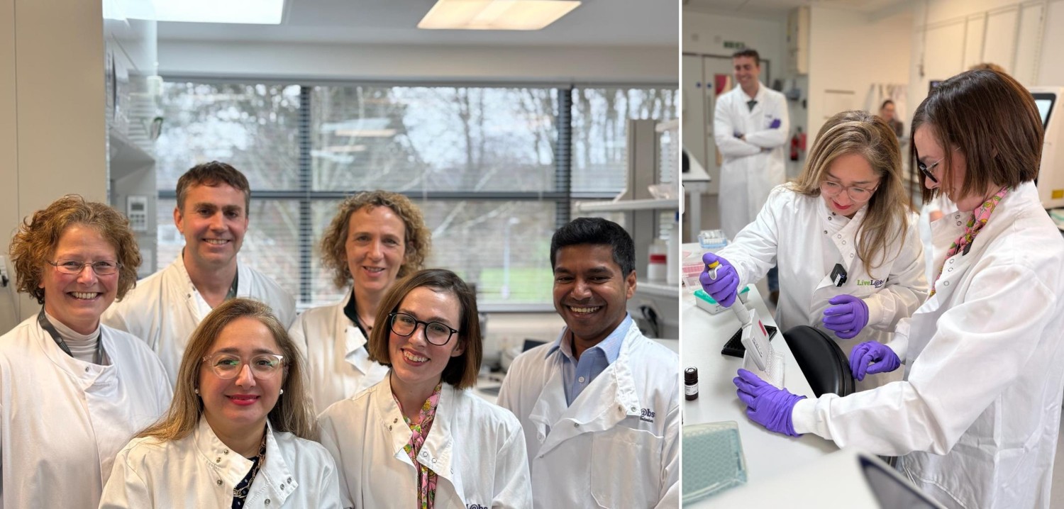 Two joined images. First shows a group of people in white lab coats looking at the camera. Second shows two women working in a lab.