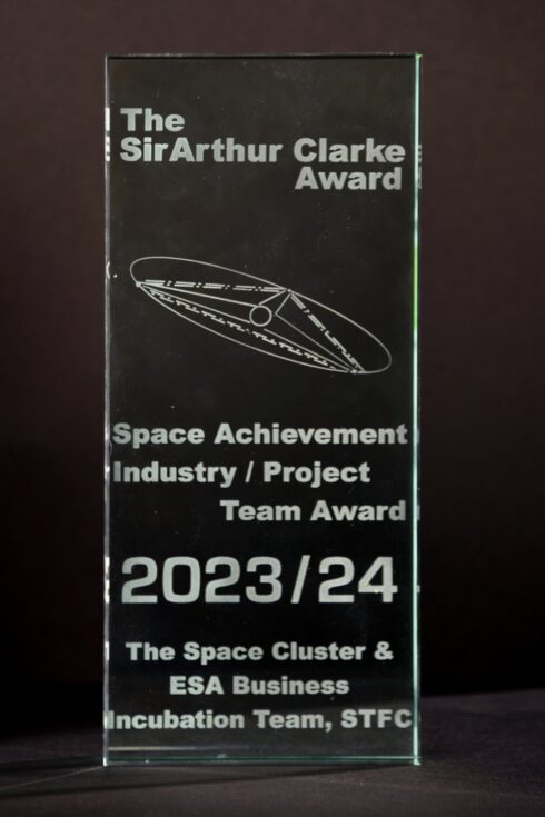 The Sir Arthur Clarke Award trophy for Space Achievement Industry/Project Team Award 2023 to 2024, awarded to The Space Cluster and ESA Business Incubation Team, STFC.
